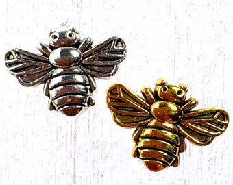 20 metal bee spacer beads, insect beads for bracelets, silver or gold finish 14x10 mm, 2mm hole (M0333/1&8)