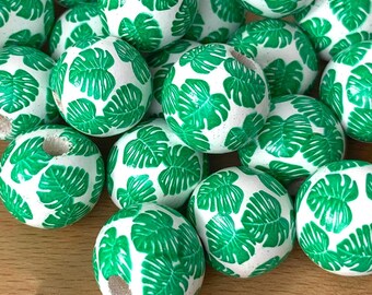 Monstera leaf pattern wooden round beads, 20 pcs, 15.5 mm, large 3mm+ hole beads for DIY garland, tassels, beadable items