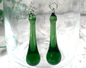Green glass raindrop earrings, pretty glass teardrop dangle earrings, minimalistic water droplet jewelry glass anniversary gift for wife