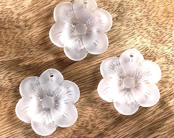 3 frosted glass flower pendants, 27mm cultured sea glass style floral pendant, glass charms for jewelry (C0127)