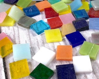 Square glass mosaic tiles, 10 mm glass shapes for crafting, assorted bold color palette, geometric art mosaic supplies, approx. 95 pcs