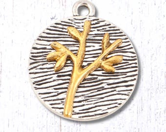 Two tone charm with branch and leaves, 10 pcs, 24x20mm gold and silver tone alloy round pendant, mixed metal findings for jewelry (G0217)