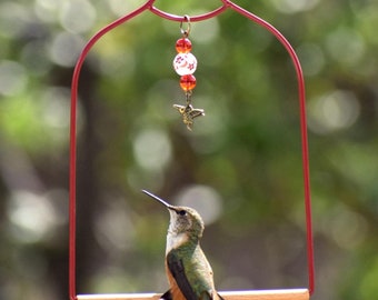 Ruby red bird perch swing for garden, hummingbird swing for outdoors, functional decor, hummingbird gifts for mom, birdwatching gift for him