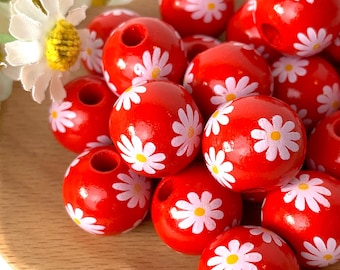 Red with daisy wooden round beads, 20 pcs, 15.5 mm, large 3mm+ hole beads for DIY garland, tassels, beadable items