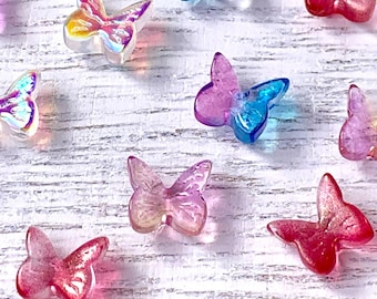 25 pcs mini butterflies for crafts, tiny 7mm glass butterfly 3D cabochons, assorted electroplated colors, micro butterflies for fairy garden