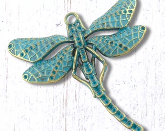 2 antique bronze dragonfly pendants, 54.5x48.5 mm alloy oversized charms with patina for nature inspired crafts (G0228)