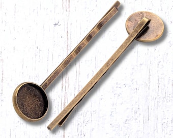 Antique bronze bobby pins with round 12mm cab trays, 10 pcs, 60mm/2.3", hair accessory findings for DIY gifts