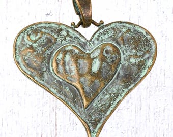 2 antique bronze heart pendants, 61x64.5 mm with bail, rustic boho alloy oversized charms with patina (G0225)