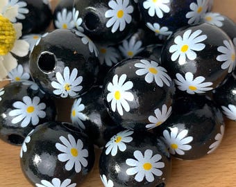 Black with daisy wooden round beads, 20 pcs, 15.5 mm, large 3mm+ hole beads for DIY garland, tassels, beadable items