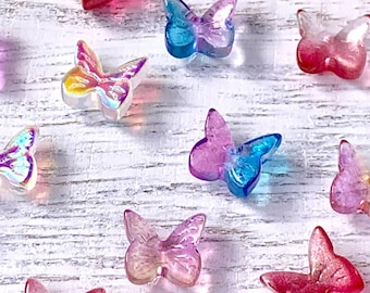 25 pcs mini butterflies for crafts, tiny 7mm glass butterfly 3D cabochons, assorted electroplated colors, micro butterflies (C0103)