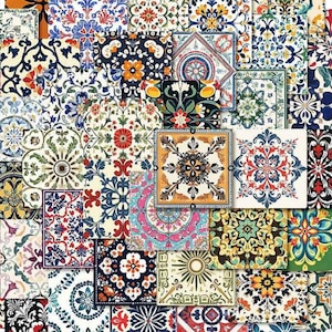 50 mini tile stickers, 1.8" Moroccan style patterned square paper stickers, colorful boho accents for scrapbooks, junk journals