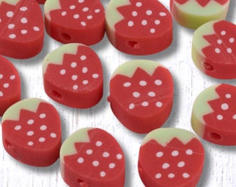 50 polymer clay strawberry beads, ~10x9.5mm with 1.5mm hole, side-drilled (C0149)