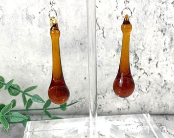 Amber glass raindrop earrings, amber glass teardrop dangle earrings, minimalistic water droplet jewelry, glass anniversary gift for wife