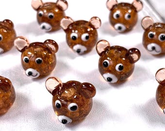 Glass bear head beads lampwork beads, 10 pcs glitter teddy bear beads for jewelry making, lampwork animal beads (A0035)