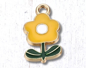 Flower charm, 10 pcs, 19x11mm alloy with enamel yellow flower with leaves and stem, golden finish, for floral themed jewelry and crafts