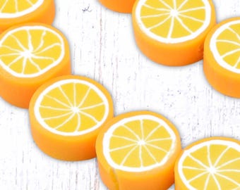38 polymer clay orange slice beads, ~9-9.5mm with 1.5mm hole, bright orange and yellow (C0149)