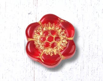 Glass flower beads with gold wash, 20 pcs, 14x4.5mm red with gold anemone beads, wild rose beads for jewelry (A0001)
