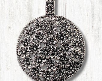 2 floral medallion pendants, large 58x45mm antique silver alloy embossed flower pendants for jewelry, bag charms, keychains, and wind chimes