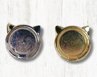 Cat ears cell phone ring grip, blank for crafts, adhesive cell phone stand, cabochon bezel tray for resin projects, DIY tech cat lover gift
