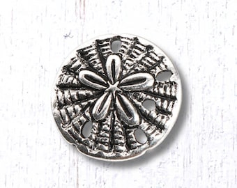 Metal sand dollar buttons, 10 pcs, 18.5mm antique silver with shell pattern, shank button for clasps, leather jewelry, sewing, button art