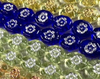 Czech glass beads with flower, oval transparent glass with metallic inlay, floral beads for jewelry, boho flower glass beads, 14x11mm, 12 pc