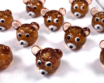 Glass bear head beads lampwork beads, 10 pcs glitter teddy bear beads for jewelry making, lampwork animal beads (A0035)