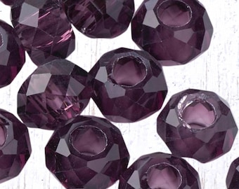 Large hole purple glass faceted beads no metal core, 10 pcs 13.5x7.5 mm, European beads (C0122)