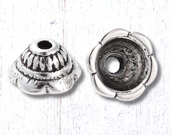 100 pcs antique silver bead caps, scalloped edge spacer beads for jewelry, Tibetan-style floral bead embellishments, 8x4.5mm, 1.5mm hole