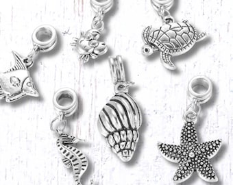 Dangle charms for bracelet, set of 6 ocean themed assorted charms for DIY garden stakes, large hole ocean animal mix (M0329/8)