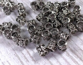 Metal tube spacer beads with flowers, 6mm large hole spacer beads with 3.8mm hole for beadable blank crafts, antique silver color, 50 pieces