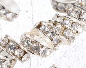 Rhinestone spacer beads, 20 pcs, 10mm w/ 5mm hole, sparkly beads for beadable items, silver finish with clear glass rhinestones (M0334/9)