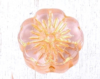 20 pcs glass hibiscus flower beads, light pink with gold wash, 14mm boho floral beads for jewelry, Hawaiian flower