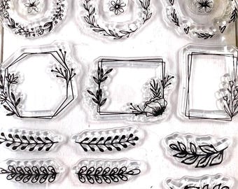 Garland, wreaths, and frames stamp set, 27 small silicone stamps in various botanical patterns, scrapbooking, planner, junk journal, collage