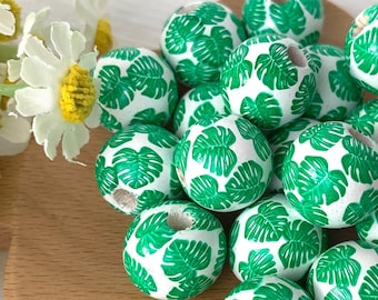 Monstera leaf pattern wooden round beads, 20 pcs, 15.5 mm, large 3mm+ hole beads for DIY garland, tassels, beadable items