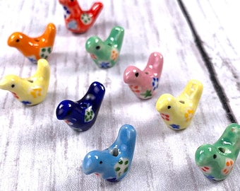 Ceramic bird beads for jewelry, hand-painted porcelain bird for beadable crafts, 19mm focal bead with 2mm hole, assorted color mix, 10 pcs
