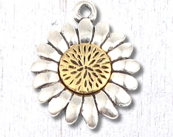Two tone sunflower charm, 10 pcs, 23x18.5mm gold and silver alloy flower pendant, mixed metal accents for jewelry (G0217)