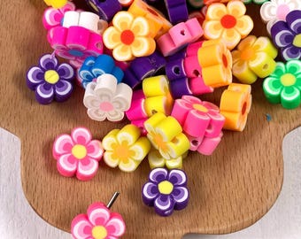 Polymer clay flower beads, 11-12mm with 2mm hole, 50 bright assorted color flower shaped beads, cute beads for bracelets (C0113)