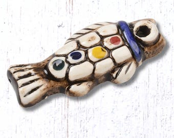 Porcelain fish pendant, 1 pc, 65x28.5 mm, folk art style hand painted fish charm for coastal jewelry and crafts