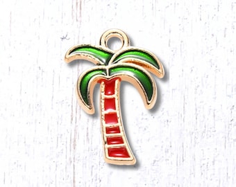 Palm tree charms, 10 pcs, 18x13mm alloy with enamel, tropical tree charms with loop, light gold finish, for ocean beachy crafts (L0319)