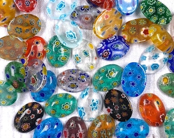 Millefiori glass oval flower cabochons, glass craft supplies, colorful mosaic supplies, undrilled beads, Murano glass cabs 14x10x4mm, 50 pcs