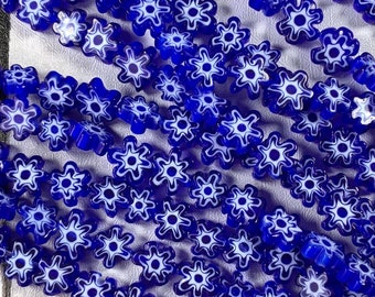 Blue glass daisy beads for earrings, millefiori flower beads for necklaces, nature inspired flower shaped glass beads 6 mm, approx. 50 pcs