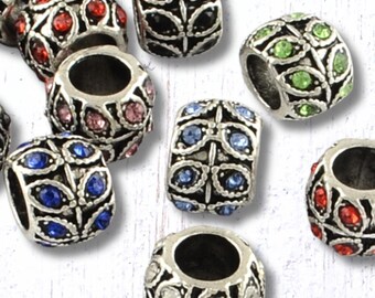 Large hole metal European beads with rhinestones, 20 pcs, 10x7.5mm assorted colors with leaf design for DIY garden stakes, jewelry (C0117)