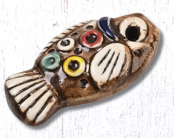 Porcelain fish pendant, 1 pc, 64x31.5 mm, folk art style hand painted fish charm for coastal jewelry and crafts (C0129)