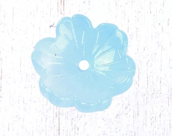 20 light blue glass flower-shaped bead caps, 14x14mm w/ 1.5mm hole for beaded flower art