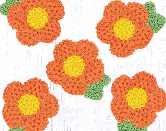 5 woven flower appliques for crafts, 40x47mm/1.5x1.8 inch polyester sew-on daisy with leaf, embellishments for clothing, cards, hats