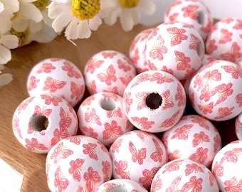Pink butterfly painted wooden round beads, 20 pcs, 15.5 mm, large 3mm+ hole beads for DIY garland, beadable items, tassels, macrame