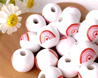 Red and pink rainbow painted wooden round beads, 20 pcs, 15.5 mm, large 3mm+ hole beads for DIY garland, beadable items, Valentine's crafts
