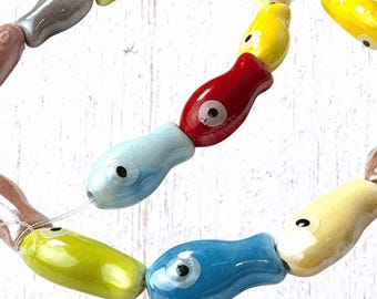 16 porcelain fish beads, 20x10.5mm assorted color glazed ceramic w/ 1.6mm hole, marine life beads for jewelry (C0146)