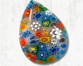5 pcs millefiori glass teardrop flower cabochons, ~32x23mm large flat back undrilled cabs for jewelry, mosaics, mixed media art (A0015)