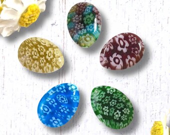 10 millefiori glass teardrop pendants, 18x13mm floral patterned boho glass charms for earrings, top drilled pendants for jewelry (A0017)